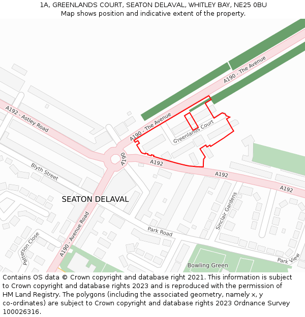 1A, GREENLANDS COURT, SEATON DELAVAL, WHITLEY BAY, NE25 0BU: Location map and indicative extent of plot