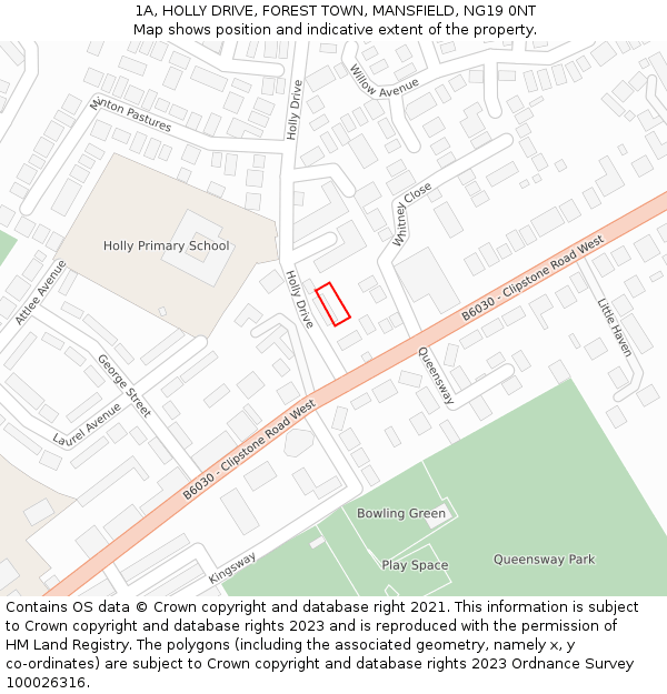 1A, HOLLY DRIVE, FOREST TOWN, MANSFIELD, NG19 0NT: Location map and indicative extent of plot