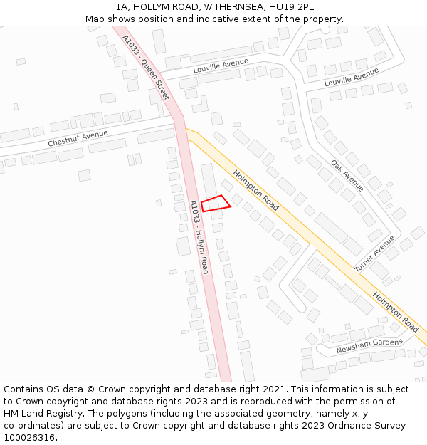 1A, HOLLYM ROAD, WITHERNSEA, HU19 2PL: Location map and indicative extent of plot