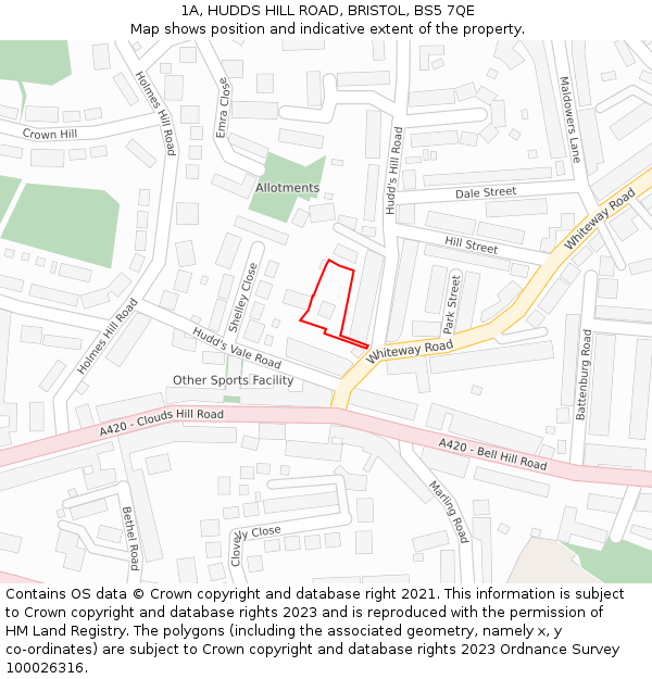 1A, HUDDS HILL ROAD, BRISTOL, BS5 7QE: Location map and indicative extent of plot