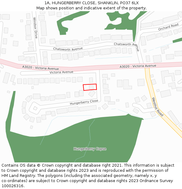 1A, HUNGERBERRY CLOSE, SHANKLIN, PO37 6LX: Location map and indicative extent of plot