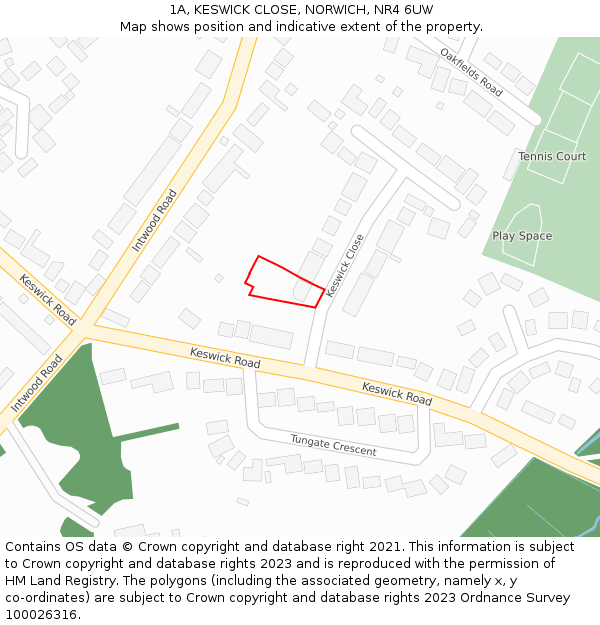 1A, KESWICK CLOSE, NORWICH, NR4 6UW: Location map and indicative extent of plot