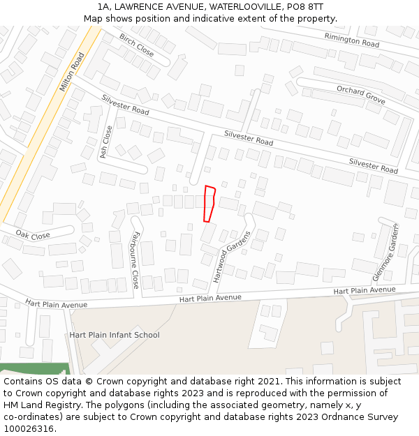 1A, LAWRENCE AVENUE, WATERLOOVILLE, PO8 8TT: Location map and indicative extent of plot