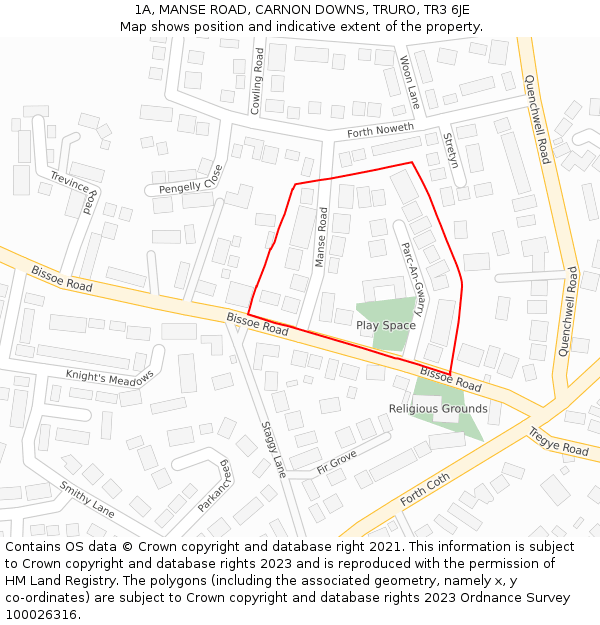 1A, MANSE ROAD, CARNON DOWNS, TRURO, TR3 6JE: Location map and indicative extent of plot