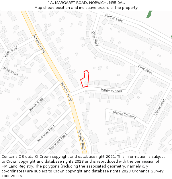 1A, MARGARET ROAD, NORWICH, NR5 0AU: Location map and indicative extent of plot