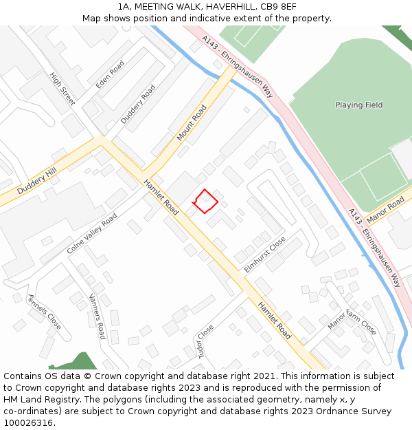 1A, MEETING WALK, HAVERHILL, CB9 8EF: Location map and indicative extent of plot