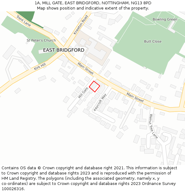 1A, MILL GATE, EAST BRIDGFORD, NOTTINGHAM, NG13 8PD: Location map and indicative extent of plot
