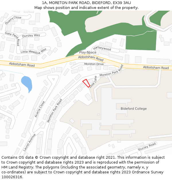 1A, MORETON PARK ROAD, BIDEFORD, EX39 3AU: Location map and indicative extent of plot