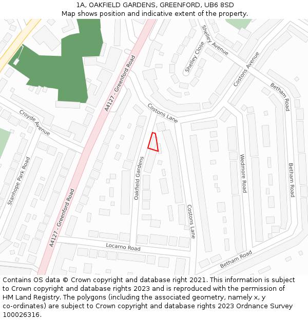 1A, OAKFIELD GARDENS, GREENFORD, UB6 8SD: Location map and indicative extent of plot