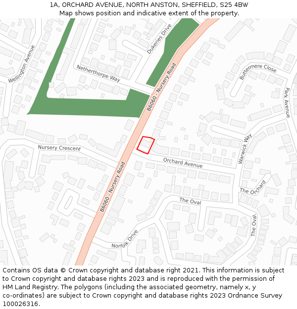 1A, ORCHARD AVENUE, NORTH ANSTON, SHEFFIELD, S25 4BW: Location map and indicative extent of plot