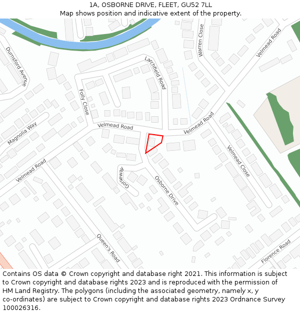 1A, OSBORNE DRIVE, FLEET, GU52 7LL: Location map and indicative extent of plot