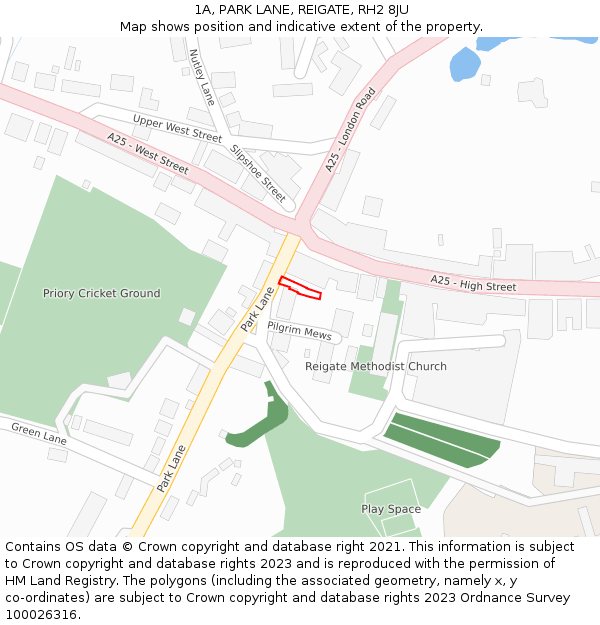 1A, PARK LANE, REIGATE, RH2 8JU: Location map and indicative extent of plot