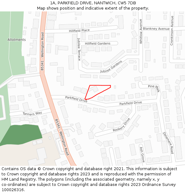 1A, PARKFIELD DRIVE, NANTWICH, CW5 7DB: Location map and indicative extent of plot