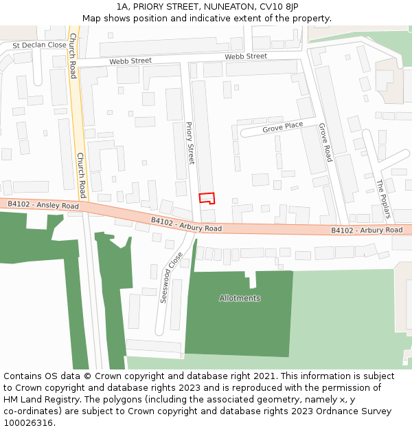 1A, PRIORY STREET, NUNEATON, CV10 8JP: Location map and indicative extent of plot