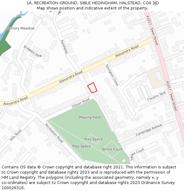 1A, RECREATION GROUND, SIBLE HEDINGHAM, HALSTEAD, CO9 3JD: Location map and indicative extent of plot