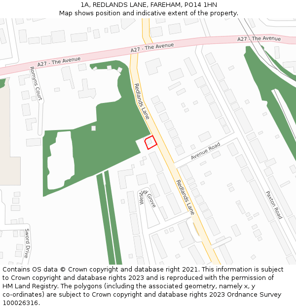 1A, REDLANDS LANE, FAREHAM, PO14 1HN: Location map and indicative extent of plot