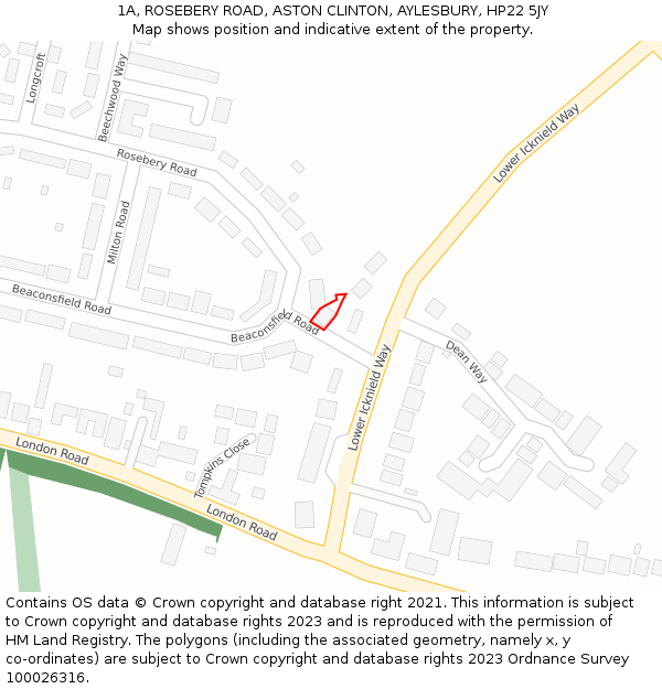1A, ROSEBERY ROAD, ASTON CLINTON, AYLESBURY, HP22 5JY: Location map and indicative extent of plot