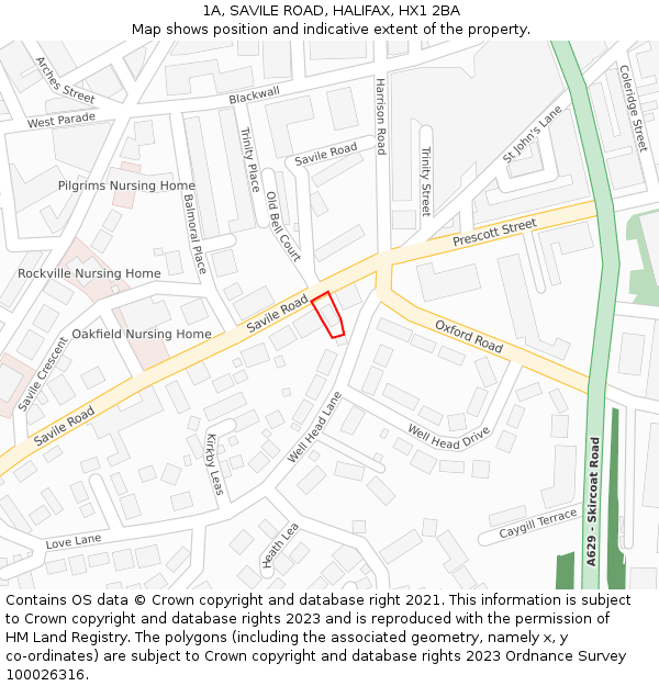 1A, SAVILE ROAD, HALIFAX, HX1 2BA: Location map and indicative extent of plot