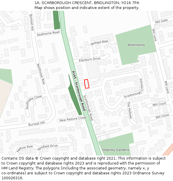 1A, SCARBOROUGH CRESCENT, BRIDLINGTON, YO16 7PA: Location map and indicative extent of plot