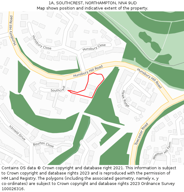 1A, SOUTHCREST, NORTHAMPTON, NN4 9UD: Location map and indicative extent of plot