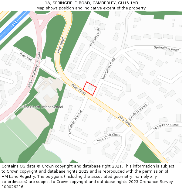 1A, SPRINGFIELD ROAD, CAMBERLEY, GU15 1AB: Location map and indicative extent of plot