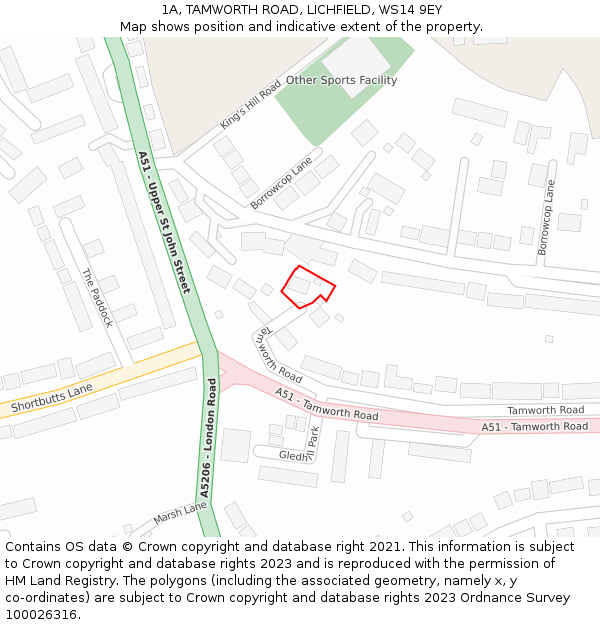 1A, TAMWORTH ROAD, LICHFIELD, WS14 9EY: Location map and indicative extent of plot