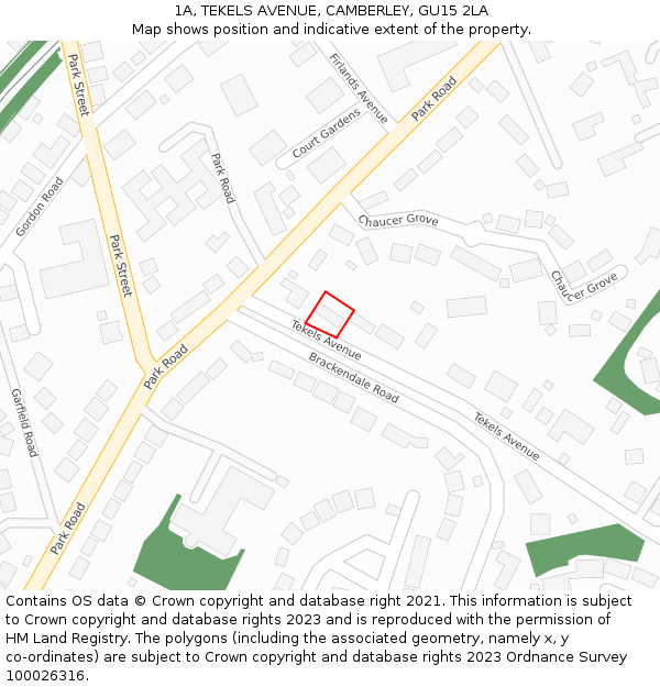 1A, TEKELS AVENUE, CAMBERLEY, GU15 2LA: Location map and indicative extent of plot