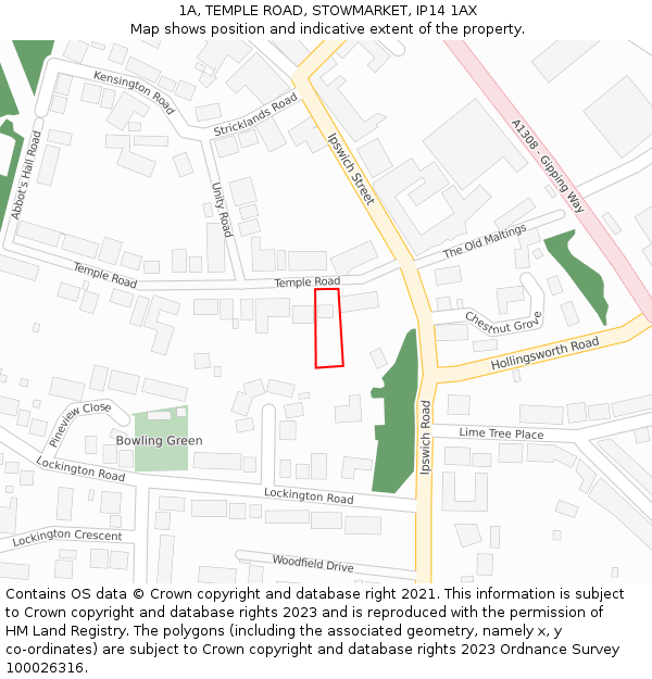 1A, TEMPLE ROAD, STOWMARKET, IP14 1AX: Location map and indicative extent of plot