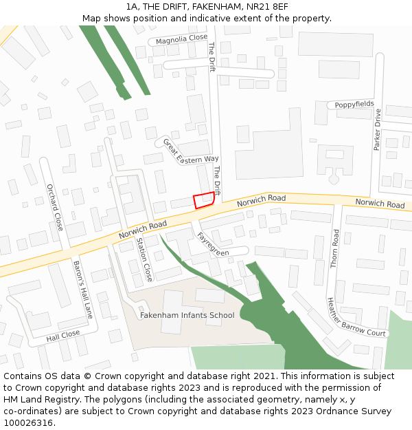 1A, THE DRIFT, FAKENHAM, NR21 8EF: Location map and indicative extent of plot