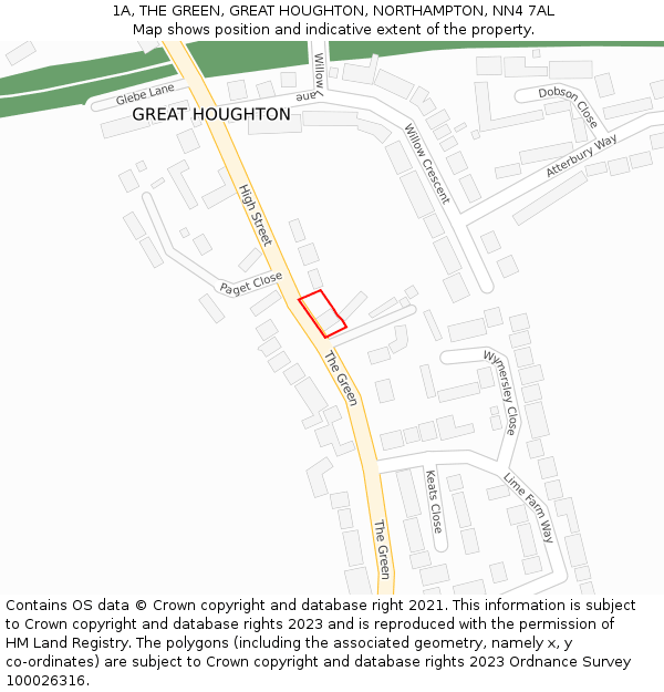 1A, THE GREEN, GREAT HOUGHTON, NORTHAMPTON, NN4 7AL: Location map and indicative extent of plot