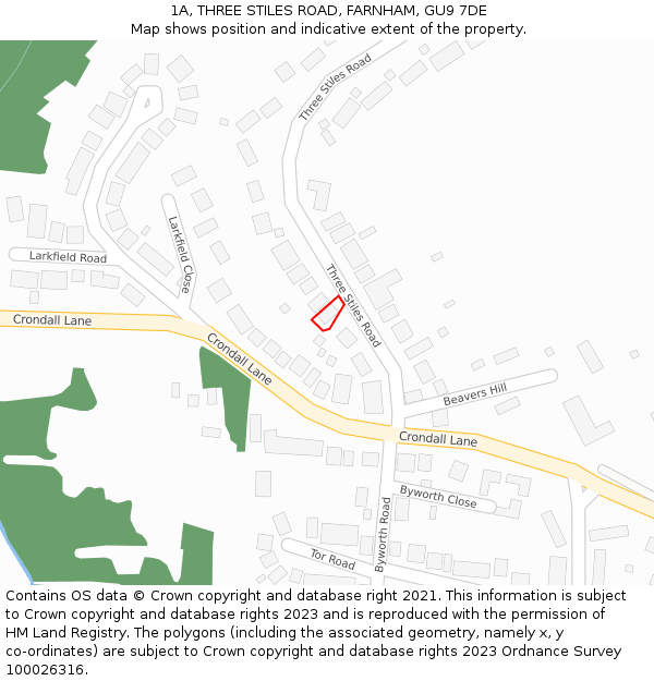 1A, THREE STILES ROAD, FARNHAM, GU9 7DE: Location map and indicative extent of plot