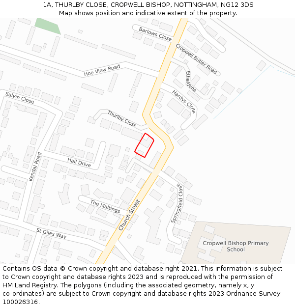 1A, THURLBY CLOSE, CROPWELL BISHOP, NOTTINGHAM, NG12 3DS: Location map and indicative extent of plot