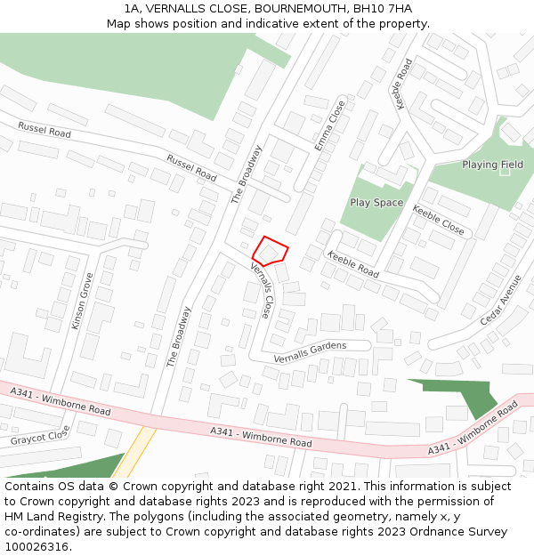 1A, VERNALLS CLOSE, BOURNEMOUTH, BH10 7HA: Location map and indicative extent of plot