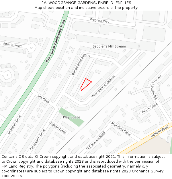 1A, WOODGRANGE GARDENS, ENFIELD, EN1 1ES: Location map and indicative extent of plot
