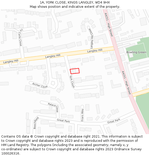 1A, YORK CLOSE, KINGS LANGLEY, WD4 9HX: Location map and indicative extent of plot