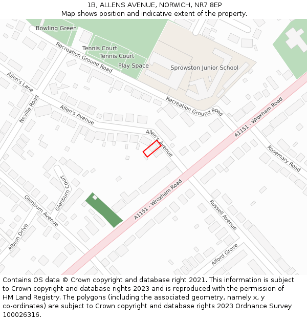 1B, ALLENS AVENUE, NORWICH, NR7 8EP: Location map and indicative extent of plot