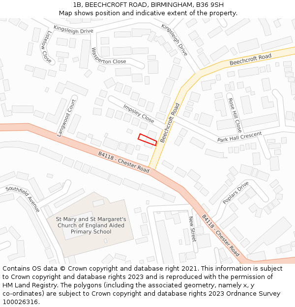 1B, BEECHCROFT ROAD, BIRMINGHAM, B36 9SH: Location map and indicative extent of plot