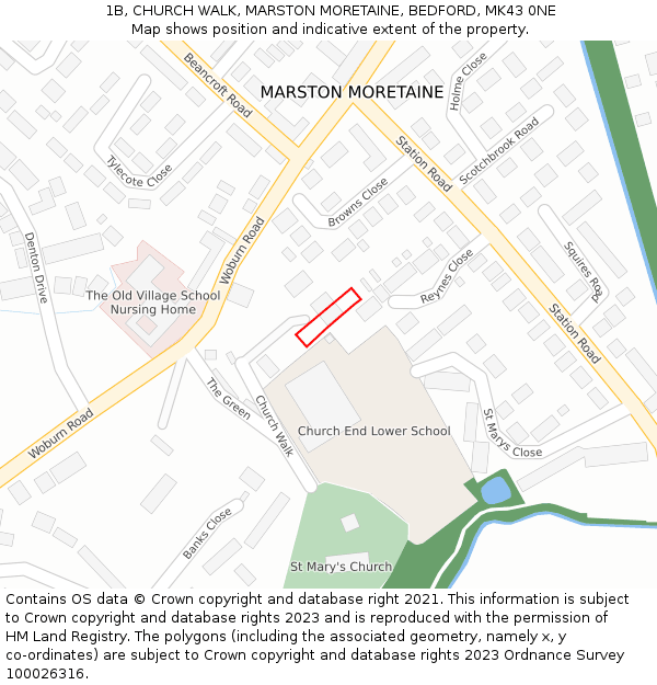 1B, CHURCH WALK, MARSTON MORETAINE, BEDFORD, MK43 0NE: Location map and indicative extent of plot