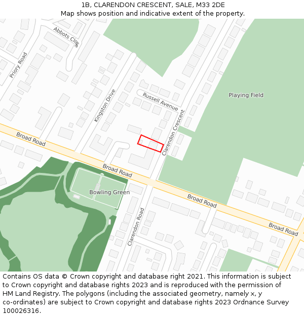 1B, CLARENDON CRESCENT, SALE, M33 2DE: Location map and indicative extent of plot