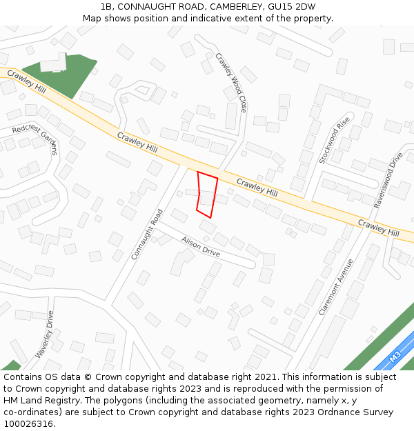 1B, CONNAUGHT ROAD, CAMBERLEY, GU15 2DW: Location map and indicative extent of plot