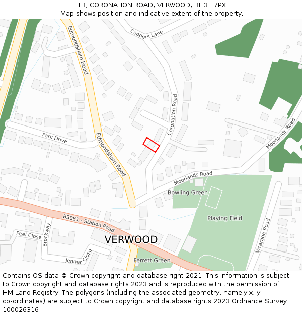 1B, CORONATION ROAD, VERWOOD, BH31 7PX: Location map and indicative extent of plot