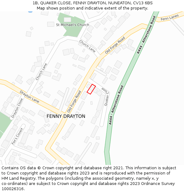 1B, QUAKER CLOSE, FENNY DRAYTON, NUNEATON, CV13 6BS: Location map and indicative extent of plot