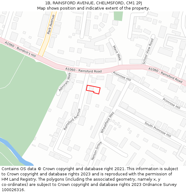 1B, RAINSFORD AVENUE, CHELMSFORD, CM1 2PJ: Location map and indicative extent of plot