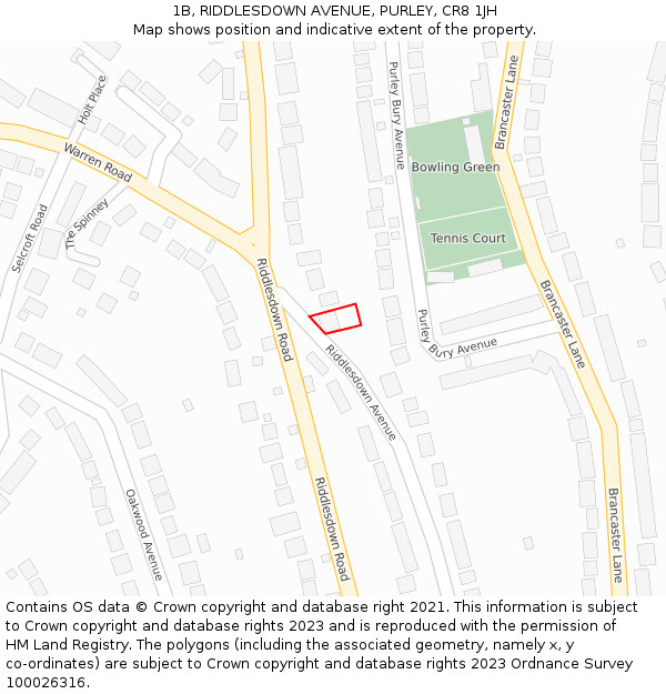 1B, RIDDLESDOWN AVENUE, PURLEY, CR8 1JH: Location map and indicative extent of plot