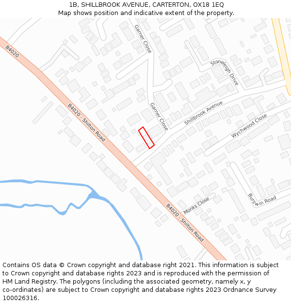 1B, SHILLBROOK AVENUE, CARTERTON, OX18 1EQ: Location map and indicative extent of plot