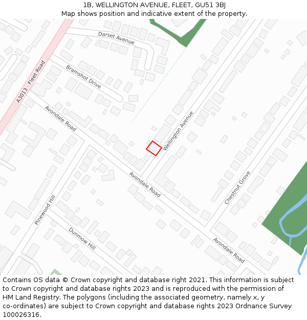 1B, WELLINGTON AVENUE, FLEET, GU51 3BJ: Location map and indicative extent of plot