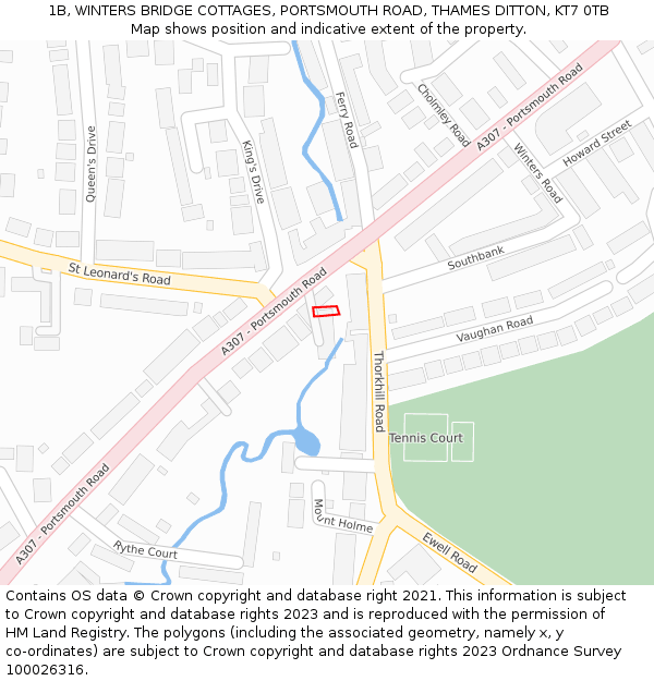 1B, WINTERS BRIDGE COTTAGES, PORTSMOUTH ROAD, THAMES DITTON, KT7 0TB: Location map and indicative extent of plot