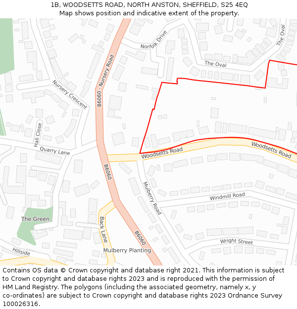 1B, WOODSETTS ROAD, NORTH ANSTON, SHEFFIELD, S25 4EQ: Location map and indicative extent of plot