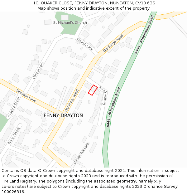 1C, QUAKER CLOSE, FENNY DRAYTON, NUNEATON, CV13 6BS: Location map and indicative extent of plot