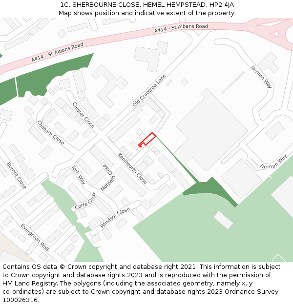 1C, SHERBOURNE CLOSE, HEMEL HEMPSTEAD, HP2 4JA: Location map and indicative extent of plot